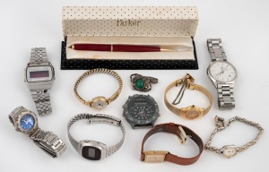 Assorted vintage wristwatches, retractable pencil and brooch, (11 items).