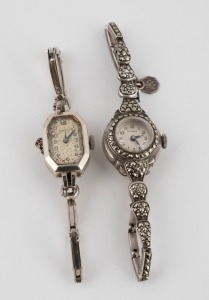 LEVINA vintage 18ct white gold ladies cocktail wristwatch on a 9ct white gold bracelet (bracelet and case 11.8 grams not including movement); together with a silver and marcasite wristwatch, mid 20th century, (2 items).