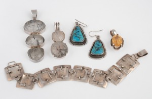 A vintage silver bangle, pair of silver and turquoise earrings by P. A. Smith; together with three silver pendants with polished and cut stones, (5 items).