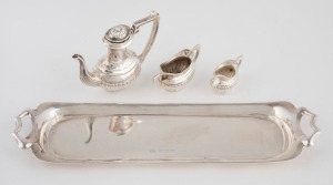 A vintage four piece sterling silver dolls house miniature tea service and tray, 20th century, (4 items), 15cm wide, 55 grams total.