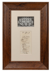 AUSTRALIA IN ENGLAND 1926: An official Bolland team photograph, mounted together with single sheet featuring the original pen autographs of thirteen members of the touring party, including Collins, Mailey, Gregory, Richardson, Oldfield, Woodfull, and Ponsford; attractively framed and glazed, 56 x 38cm overall.