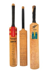 THREE MINIATURE BATS: Ashes 89 with applied decal featuring the signatures of the Australian Team, New Cricket Centenary 1995 with original signatures of the Australian Team (Taylor, Healy, Boon, Waugh, etc.), and a WSC decaled bat with Australian team signatures including Kim Hughes, Rod Marsh, Graham Yallop, and Wayne Phillips.