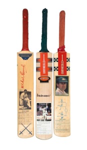SIGNED FULL-SIZE CRICKET BATS: Group comprising Gray-Nicolls bat signed by Mark Taylor, Gray-Nicolls "Gladius" bat signed by Greg Chappell, and "Rapier" bat signed by Richie Benaud, all three bats featuring their respective player's stats and photograph. (3 items)