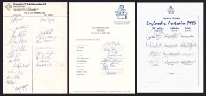 December 1981 Queensland Cricket Association Team Sheet signed by Queensland (12 players, incl. Dymock, Hohns, Ritchie, Lillie) and the West Indies (9 players, including Holding, Marshall, Garner, Lloyd); August 1980 England Team for Fifth Test Match (10 players, including Atherton, Cook, Fraser, Malcolm); and, 1993 England v Australia (12 players, including Gooch, Caddick, Smith, Stewart). (3 items)