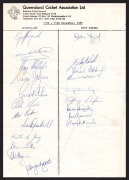 December 1981 Queensland Cricket Association Team Sheet signed by Queensland (12 players, incl. Dymock, Hohns, Ritchie, Lillie) and the West Indies (9 players, including Holding, Marshall, Garner, Lloyd); August 1980 England Team for Fifth Test Match (10 - 2