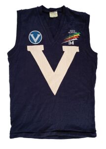 "BIG V" - 1994 STATE OF ORIGIN: Player season guernsey produced by Hugh Lyon, two "V" patches and "AAFC Melbourne 94" branding on front, number 2 on back.