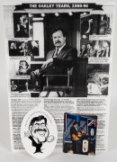 Group of items from AFL CEO Ross Oakley's December 1996 retirement gala at the NGV Great Hall, comprising 46 x 65.5cm WEG podium decoration, 40.5 x 60cm career retrospective reproduction, Oakley's invitation to the event, and fourteen photographs taken du - 2