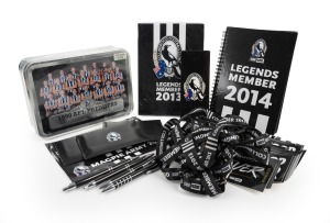 COLLINGWOOD: 2013 and 2014 (x2) Select Captains/Legends sets of twelve cards each in Collingwood pouch, together with sealed 1990 Premiers tin of biscuits and quantity of Collingwood-branded pens, lanyards, stickers, and others.