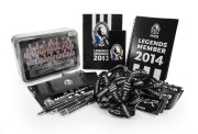 COLLINGWOOD: 2013 and 2014 (x2) Select Captains/Legends sets of twelve cards each in Collingwood pouch, together with sealed 1990 Premiers tin of biscuits and quantity of Collingwood-branded pens, lanyards, stickers, and others.