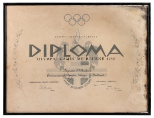 DIPLOMA: "Diploma - Olympic Games Melbourne 1956 - Brigadier F.H. Christison - Commandant, Olympic Village, Ballarat", with printed signatures of IOC president Avery Brundage, Australian Prime Minister Sir Robert Menzies, and Organising Committee chairman W.S. Kent-Hughes; framed and glazed, 46 x 59.5cm overall.