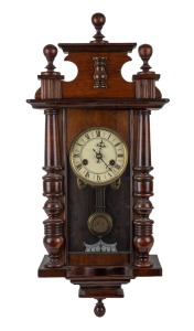 A vintage English made Vienna regulator style clock, striking the hours on a gong, backplate of the movement stamped "Made in England", 20th century, 64cm high.