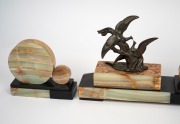 A French Art Deco three piece clock garniture set, green onyx and black slate with cast metal figural bird group, circa 1930, the clock 24cm high, 47cm wide. - 2