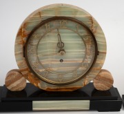 A French Art Deco three piece clock garniture set, green onyx and black slate with cast metal figural bird group, circa 1930, the clock 24cm high, 47cm wide. - 3