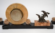 A French Art Deco three piece clock garniture set, green onyx and black slate with cast metal figural bird group, circa 1930, the clock 24cm high, 47cm wide. - 4