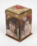 An antique folding sewing box with chromolithograph decoration and silk lined interior, attractive fold-out design with original contents, 19th century, ​​​​​​​12cm high. - 3