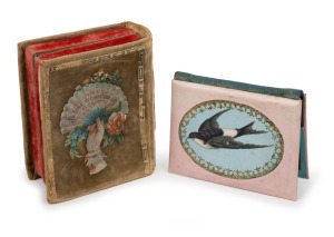 Antique sewing wallet, housing assorted needles and bodkin; together with a box of assorted sewing accessories with lithograph decoration, 19th century, the box 8.5cm wide.