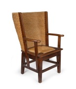 ORKNEY CHAIR fine quality Arts & Crafts oak and rattan chair, executed in the 18th century style, 19th/20th century, 85cm high, 53cm across the arms.