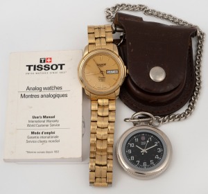 TISSOT "Seastar" automatic Swiss made gents wristwatch, gold baton numerals and day/date window in a gold plated case with original instructions, circa 2007; together with a SWISS ARMY junior sized quartz pocket watch with safety chain and original leather belt pouch, (2 items), the Tissot 39mm wide including crown.
