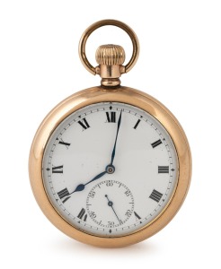 ROLEX antique open faced pocket watch, with enamel dial, Roman numerals and subsidiary seconds dial, screw back case, gold filled with Swiss made Rolex lever movement, circa 1900, 52mm wide across the case.