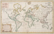 Robert de Vaugondy (French, 1723-1786), "Mappe Monde Suivant la Projection des Cartes Reduites," 1778, copper engraved map with hand colouring, sheet 29 x 36cm. Most of northwest North America is blank except for a notation and hint of the possible Nor