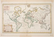 Robert de Vaugondy (French, 1723-1786), "Mappe Monde Suivant la Projection des Cartes Reduites," 1778, copper engraved map with hand colouring, sheet 29 x 36cm. Most of northwest North America is blank except for a notation and hint of the possible Nor - 2