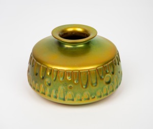 ZSOLNAY Hungarian iridescent porcelain vase, mid 20th century, factory mark to base, 8cm high, 13cm diameter.