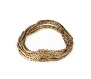 A vintage 14ct gold six strand flattened rope twist bracelet, late 20th century, stamped "585 R. H. B." with pictorial marks, 50 grams total.