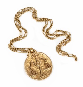 An Italian 18ct gold "LIBRA" zodiac pendant on an 18ct gold chain (A/F), 20th century, 37.5 grams total.