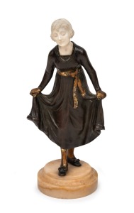 DOMINIQUE ALONZO (active 1910-1930) "The Curtsy" Art Nouveau patinated bronze statue with finely carved ivory head, on onyx base, stamped "ALONZO, ETLING, PARIS", 21cm high overall.