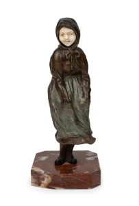 PAUL D'AIRE (active 1890-1910) French two toned patinated bronze figure of a peasant girl with well carved ivory face, on rouge marble base, early 20th century, the base engraved "Made in France", 20.5cm high overall.