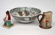 An antique Staffordshire pottery figure, a Royal Doulton "Dickens" jug, and a pottery fruit bowl by Alan Caiger-Smith for Aldermaston Pottery, 19th/20th century, (3 items), the statue 15cm high. - 2