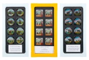 Three sets of eight glass slides for magic lantern, comprising "The Elephant's Revenge", "A Child and Two Lovers", and "The Tiger and the Barrel"; each set housed in its own framed display with glass backing, 53.5 x 26cm overall.