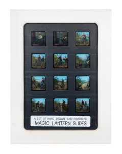"The Cyclists" c. 1880s narrative set of 12 hand-illustrated glass slides for magic lantern; framed and glazed (with glass backing), 63.5 x 48cm overall.
