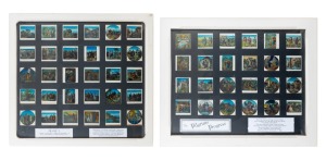"The Pilgrim's Progress" set of 54 hand-illustrated glass slides for magic lantern; arranged across two different frames with glass backing, the larger 63 x 69cm overall.