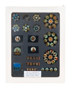 Framed display incorporating 19 different glass slides for magic lantern, including several circular/panoramic types; subjects include Snow White and human ethnicities; glass backing, 69 x 54cm overall.