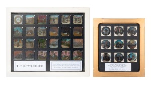 Two sets of hand-coloured photographic glass slides for magic lantern, comprising "The Village Blacksmith" (9 slides) and "The Flower Sellers" (24 slides); each set housed in its own framed display with glass backing, the larger 55 x 66cm overall.