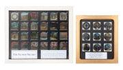 Two sets of hand-coloured photographic glass slides for magic lantern, comprising "The Village Blacksmith" (9 slides) and "The Flower Sellers" (24 slides); each set housed in its own framed display with glass backing, the larger 55 x 66cm overall.