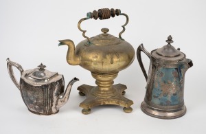 Antique silver plated teapot, water pot and a brass kettle, 19th century, (3 items), the largest 35cm high.