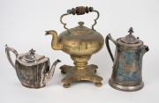 Antique silver plated teapot, water pot and a brass kettle, 19th century, (3 items), the largest 35cm high.