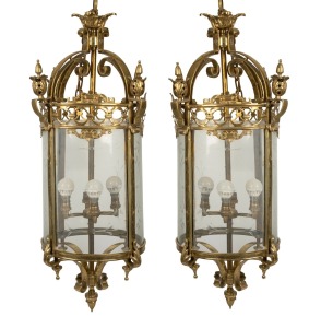 An impressive pair of vintage brass and etched glass cylindrical portico hanging lights in the French style, 20th century, 104cm high, 35cm wide.