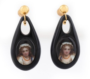 A pair of antique French 22ct gold mounted jet earrings, each adorned with hand-painted portraits, 19th century, 5cm high overall.
