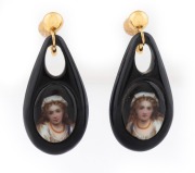 A pair of antique French 22ct gold mounted jet earrings, each adorned with hand-painted portraits, 19th century, 5cm high overall.