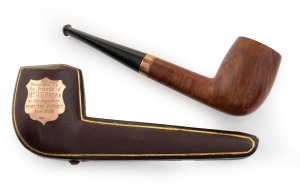 An antique English pipe in original leather case with rose gold collar and presentation plaque, circa 1920s, ​​​​​​​15cm long overall.