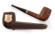 An antique English pipe in original leather case with rose gold collar and presentation plaque, circa 1920s, ​​​​​​​15cm long overall.