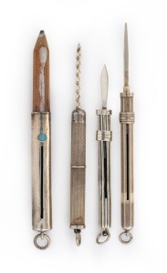 An antique sterling silver retractable pencil, together with three silver retractable toothpicks, 19th/20th century, (4 items), the largest 8cm long when open.