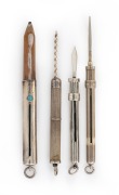 An antique sterling silver retractable pencil, together with three silver retractable toothpicks, 19th/20th century, (4 items), ​​​​​​​the largest 8cm long when open.