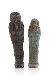 Two Egyptian ushabti faience pottery statuettes, unknown age, most likely Grand Tour 18th/19th century, 11cm and 9.5cm high.