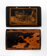 Two Georgian tortoise shell snuff boxes, one with lithographed vignette, 18th/19th century, 9cm and 9.5cm wide.