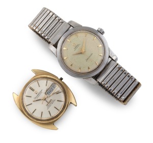 OMEGA Constellation automatic in gold capped case, dial with day/date window, baton numerals, marked "Omega Chronometer Officially Certified" (stem, crown and strap absent); together with an OMEGA Seamaster automatic in stainless steel case, with gold bat