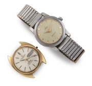 OMEGA Constellation automatic in gold capped case, dial with day/date window, baton numerals, marked "Omega Chronometer Officially Certified" (stem, crown and strap absent); together with an OMEGA Seamaster automatic in stainless steel case, with gold bat